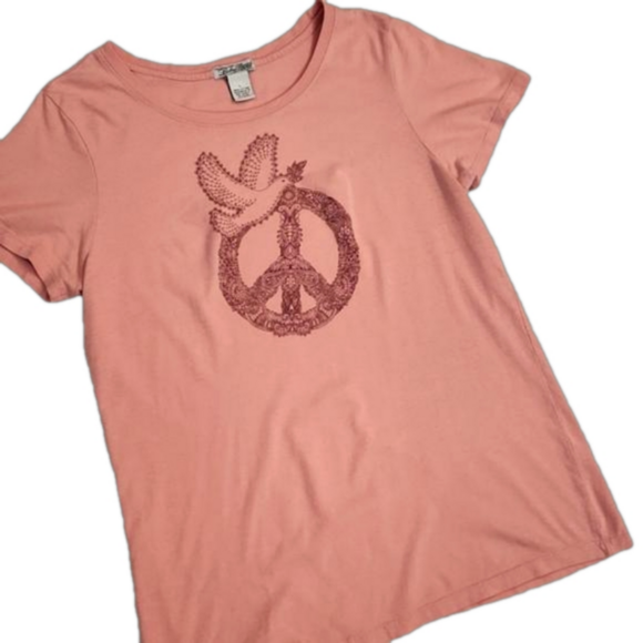 Lucky Brand Tops - Womens Lucky Brand pink bird with peace sign graphic tee size L.